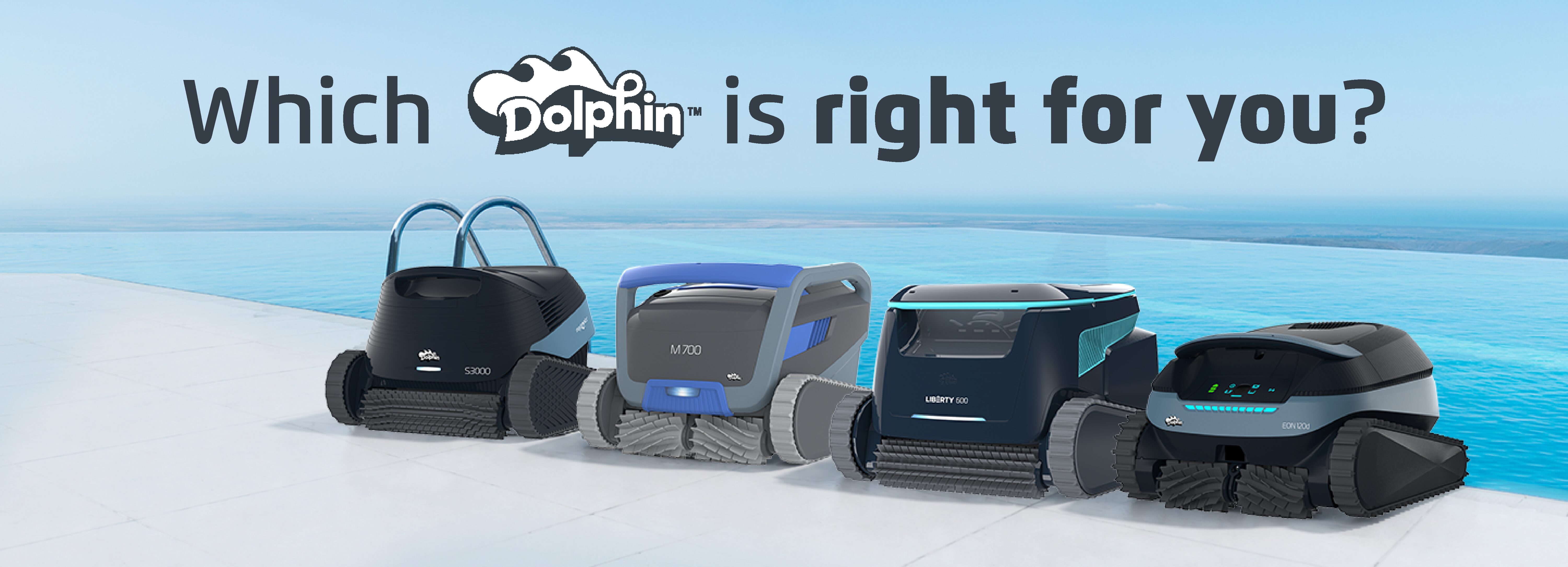 Some of the huge range of robotic swimming pool cleaners on the poolside deck